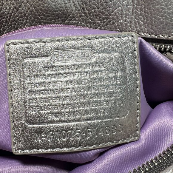 Coach L Shoulder Bag Pebbled Leather Metallic Silver Purse Tote Duo Handles - Picture 7 of 16